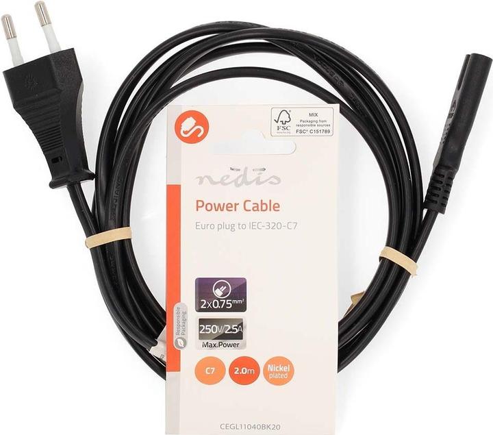 Actual product image Nedis Power cable | Euro male | IEC-320-C7 | Straight | Straight | Nickel-plated | 2.00 m | Flat | PVC (2 m)