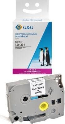 Actual product image G&G Schriftband 12mm x 8m sw-ws komp. m. Brother Tze-231 (1.20 cm, Black, White)