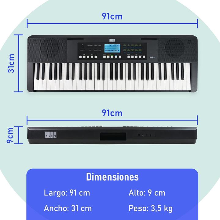 Actual product image Axus 61-Key Portable Touch-Sensitive Lightweight Keyboard with Power Supply, 450 Voices, and Music Stand (61 Keys)