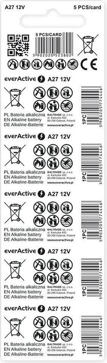 Productafbeelding Everactive 5 x Alkaline batterijen 27A 12V blisterverpakking 5 stuks. (5 Pcs., A27, 25 mAh)