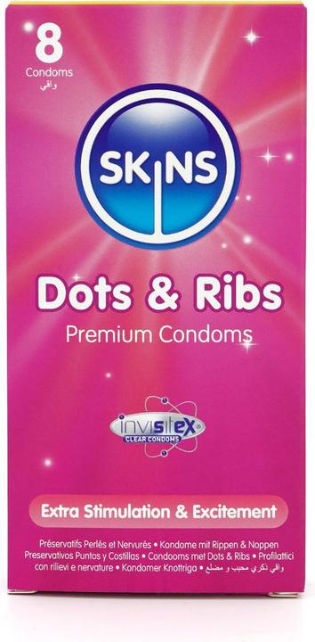 Produktbild Skins Dots & Ribs» 12 gerippt/genoppte Kondome aus kristallklarem Latex - ohne Latexgeruch (12 Stk.)