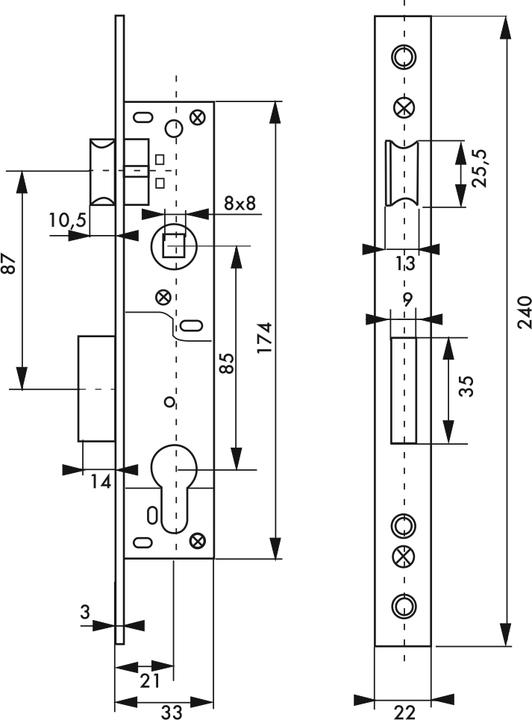 Produktbild Thirard Einbau-Zylinderschlossgehäuse für Metalltischlerei, Achse 21mm, quadratische Enden, verzinkt (Einsteckschloss)