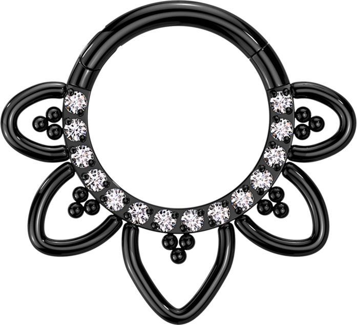 Produktbild Star Piercing Micro Segmentring klappbar schwarz front Kristalle silber filigrane Herzen (Titan, ohne Messing)