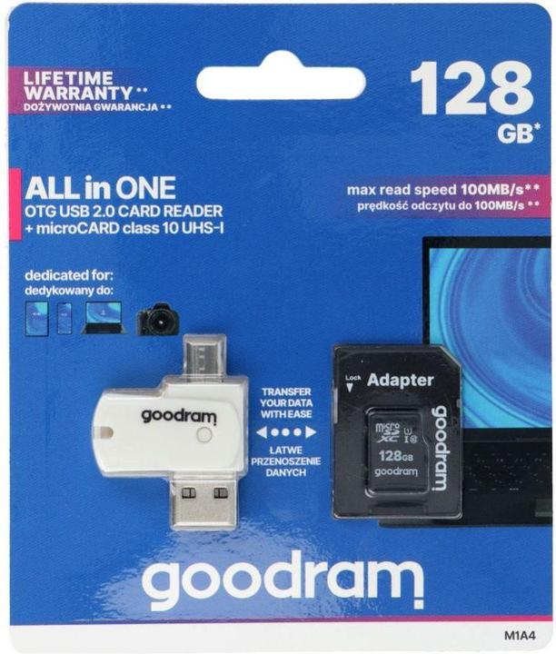 Image du produit Goodram M1A4-1280R12 carte mémoire 128 Go MicroSDHC Classe 10 UHS-I - Haute capacité SD (Mic (128 Go, microSDXC, U1, UHS-I)