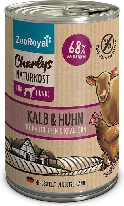Produktbild Zooroyal Charlys Naturkost Kalb, Huhn, Kartoffeln, Kräuter (Adult, 6 Stk., 2400 g)