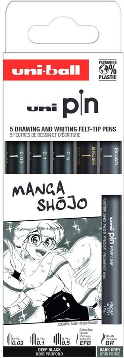 Actual product image Uni-ball Fineliner PIN ""Manga Shojo"" PF, set of 5 water-resistant, pigmented ink, metal edging (Black, Gray, 5 x)