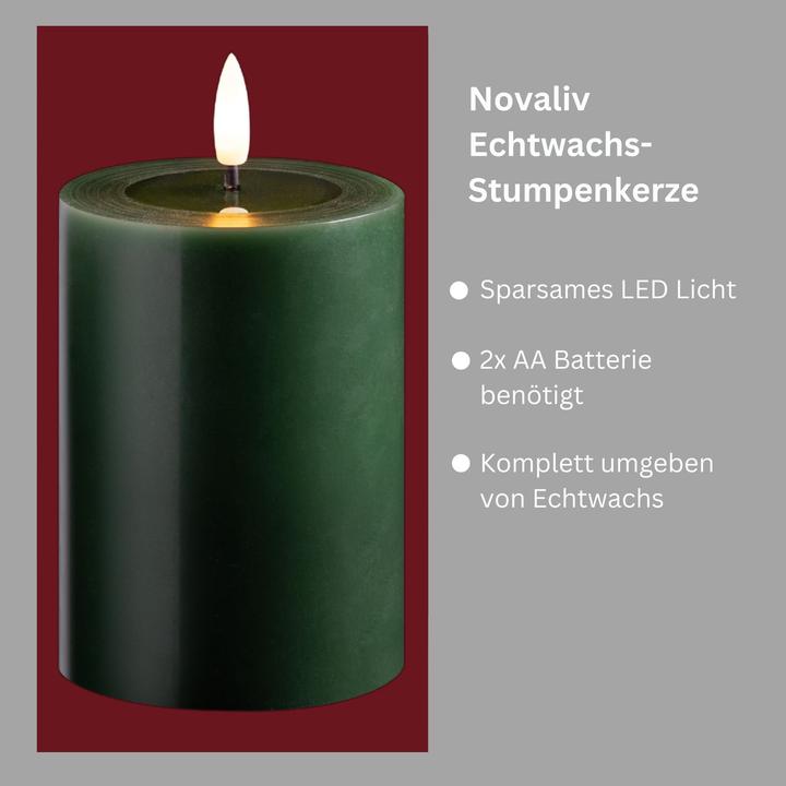 Produktbild Novaliv Kleine LED Stumpenkerze mit Timer grün 7,5cm ø, 10cm H, Echtwachspiegel ON/OFF-Timer 6H, 2 AA (1x)