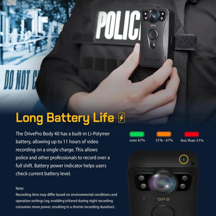 Actual product image Transcend Bodycam DrivePro 40 128GB 1440p,2K,QHD,60FPS (Bluetooth, Rechargeable battery, Wi-Fi, 2K)