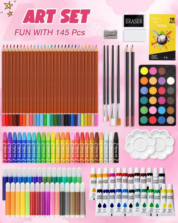 Produktbild Weeksun 145-teiliges Malset im Koffer mit Buntstiften, Marker, Ölpastelle, Acrylfarben & Aquarellfarben (Rosa|Silber, 133 x)