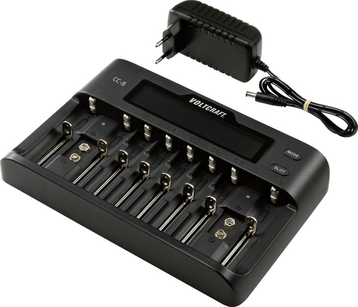 Productafbeelding Voltcraft VC-10882815 (1 Pcs., 10340, 14500, 16340, 17500, 17650, 18490, 18500, 18650, 21700, 22650, 26500, 26650, A, Sub-C, AAA, AA, 9V Block, Lader zonder batterij)