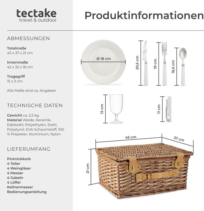 Actual product image tectake Picnic basket Föhr for 4 people, with cooler compartment & accessories