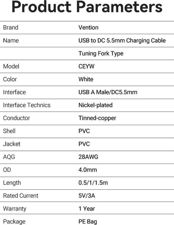 Nutritional values and ingredients Vention USB to DC 5.5mm Power Cable 1m CEYWF (white) (1 m)