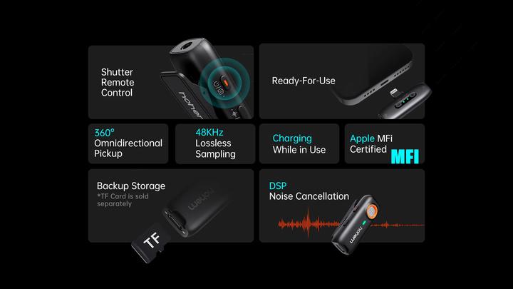 Produktbild Hohem MIC 01 Wireless Lavalier Microphone, TYPE C (2TX+1RX) Black (Smartphone, Kompaktkamera)