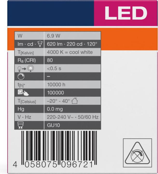 Productafbeelding Osram LED Spot Value PAR16 120° 6,9W neutraal wit GU10 4058075096721 als 80W (GU10, 6.90 W, 620 lm, 10 x, F)
