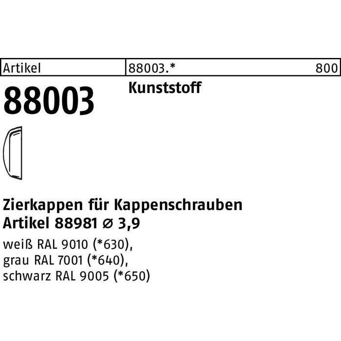 Zubehör Befestigungstechnik, Zierkappe R 88003 f.Kappenschr. F. 3,9 Kunststoff weiss