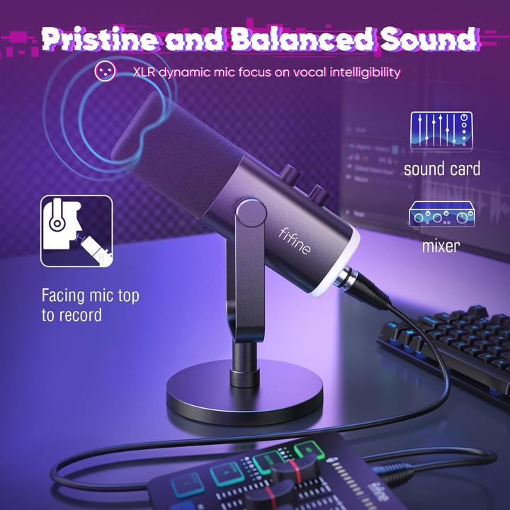 Image du produit Fifine Microphone dynamique et mixeur audio USB pour streaming et gaming avec interface XLR