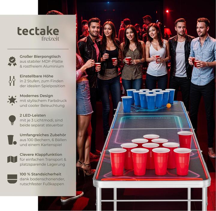 Image du produit tectake Table de beer pong BEER WARS I avec éclairage LED et jeu de cartes