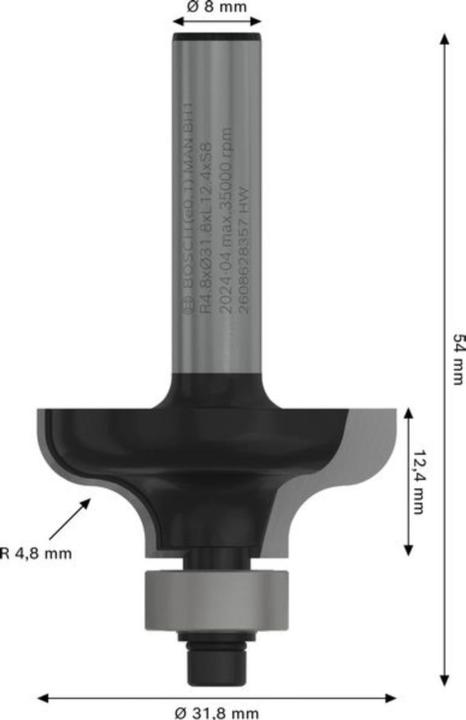 Produktbild Bosch Professional Zubehör Kantenformfräser G, 8 mm, R1 4,8 mm, D 31,8 mm, L 12,4 mm, G 54 mm