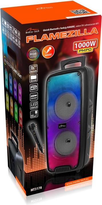 Produktbild Media-Tech FLAMEZILLA – Bluetooth 5.0 Lautsprecher mit KARAOKE, UKW-Radio & MP3-Player, FLAME-Beleuchtung, inkl (4 h)