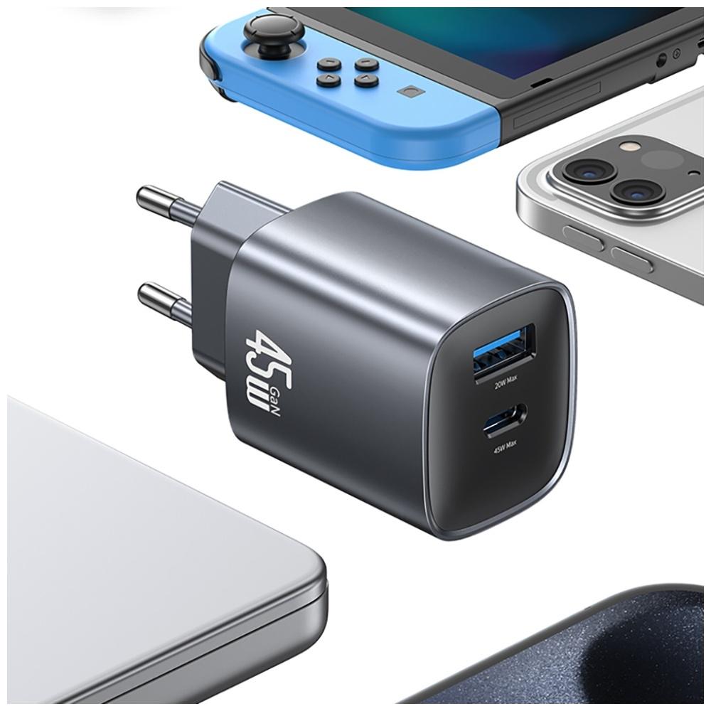 Usams Wall charger CC290 T66 45W GaN 1xUSB-A 1xUSB-C silver (45 W), Caricatore USB, Argento