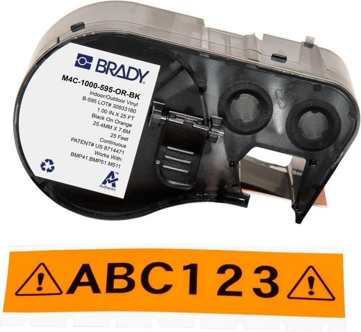 Actual product image Brady M4C-1000-595-OR-BK, vinyl, black on orange, 25.40 mm x 7.62 m, permanent, continuous (2.54 cm)