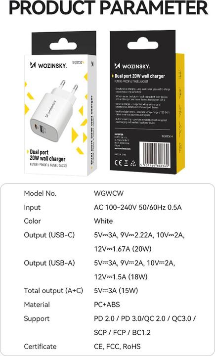 Actual product image Wozinsky WGWCW USB-A USB-C 20W wall charger - white (20 W)
