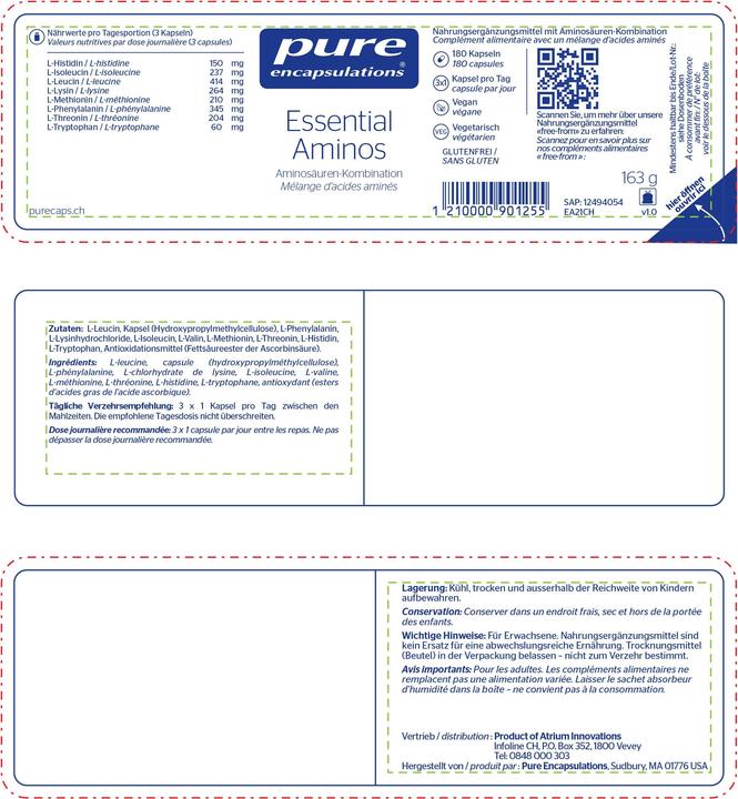 Valeurs nutritives et ingrédients Pure encapsulations Essential Aminos (180 pièce(s), Capsules, 211 g)