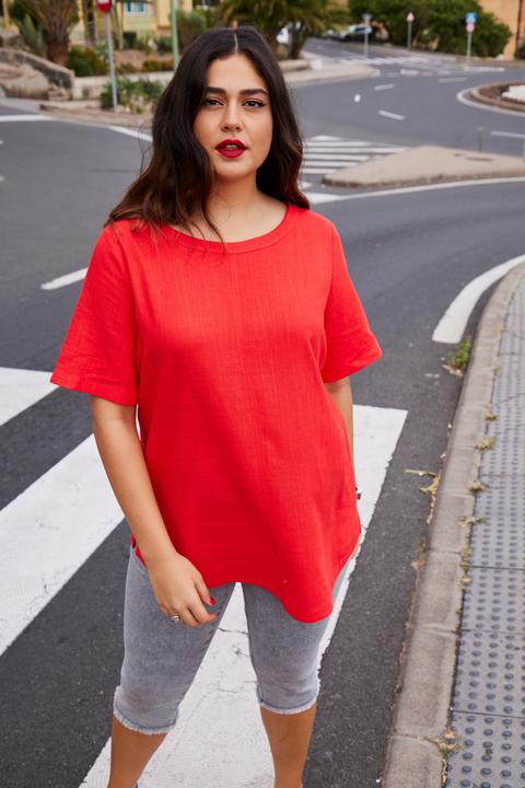 Actual product image Ulla Popken Draped Linen Blend Short Sleeve Blouse (60)