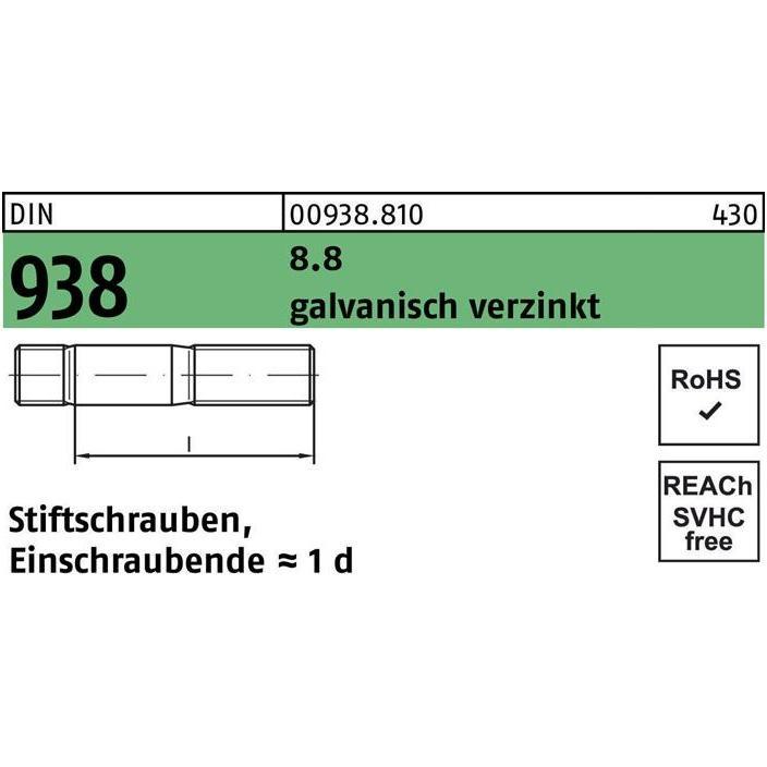 Schrauben, Stiftschraube DIN 938 M 20 x 80 8.8 galvanisch verzinkt (10 Schrauben pro Stück)