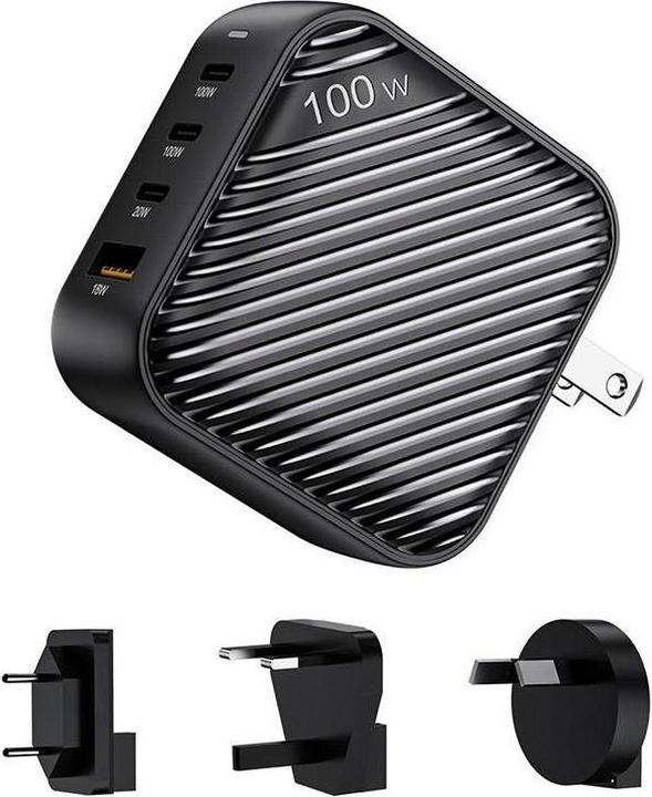 Produktbild Invzi GanHub 3x USB-C + USB wall charger, 100W, EU/UK/AU/US (black) (100 W, 4 Ports)