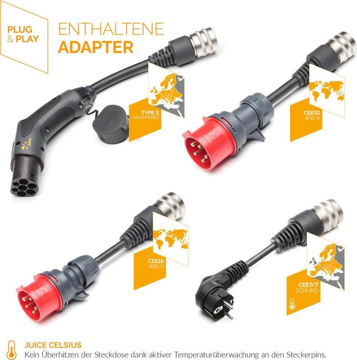 Image du produit Juice Technology Juice Booster 2 UE Traveller Set Plus (Type 2, 22 kW, 32 A, Type 2, CEE16 rouge, CEE32 rouge, CEE 7/7)
