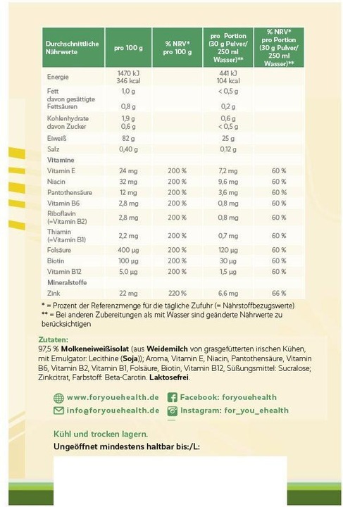 Nährwerte und Zutaten For You whey protein isolate - Vanille-Zitronenquark (Vanille-Zitronenquark, 1 Stk., 600 g)