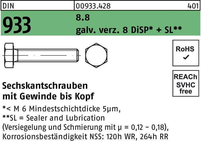 Produktbild Sechskantschraube DIN 933 VG M 20 x 55 8.8 gal Zn 8 DiSP + SL (25 Schrauben pro Stück)