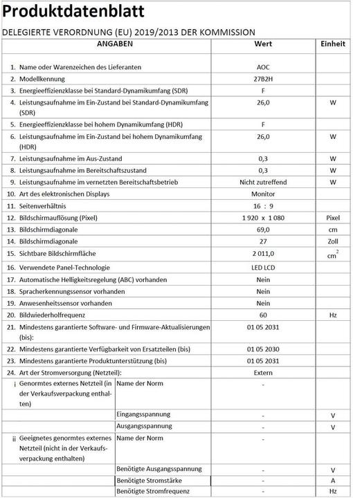 Produktbild AOC 27B2H/EU (1920 x 1080 Pixel, 27")