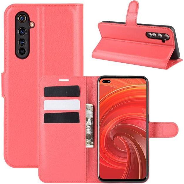 MU Classic Litchi Leder Bookcover Series (Realme X50 Pro 5G), Smartphone Hülle, Rot