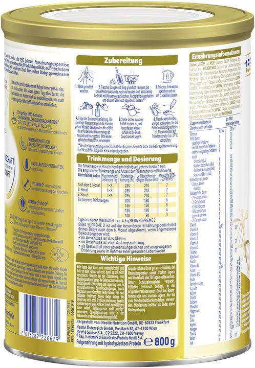 Nutritional values and ingredients Beba Supreme 2 Plv (800 g, from 6 m.)