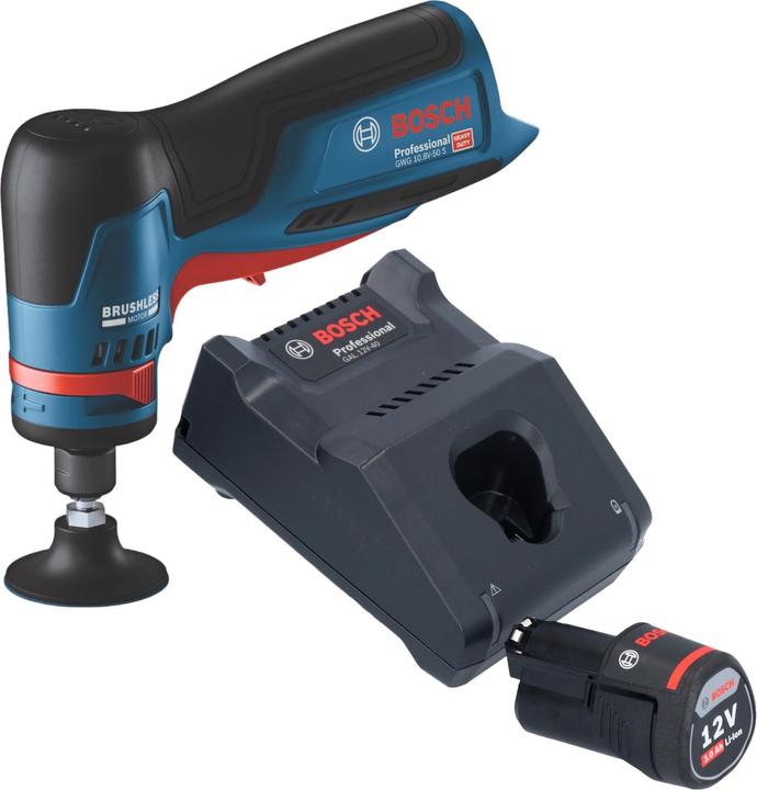 3000 mAh Li-Ion Stab Einschub Akku, 1x Bosch GAL 12V-40 Professional Schnell Ladegerät, 1x Bosch GWG 12V-50 S Professional Akku Geradschleifer, 1x Schraubenschlüssel, 1x Spannzange mit Überwurfmutter 6 mm (2 608 570 084), 1x Bosch GBA 12 V 3,0 Ah