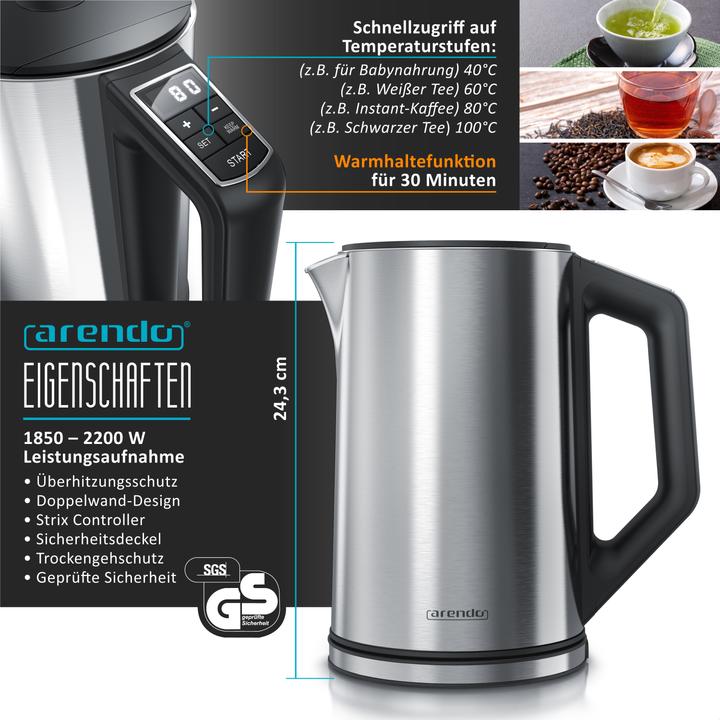 Produktbild Arendo Frühstücks Set, Edelstahl Wasserkocher 1,5l mit Temperatureinstellung & Eierkocher 1-6 Eier, Silber