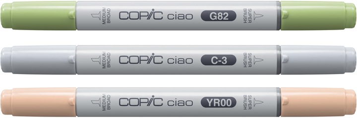 Actual product image Copic CIAO - Brand (G-82 Spring Dim Green, YR-00 Powder Pink, C-3 cool Gray No. 3, 6 mm, 3 x)
