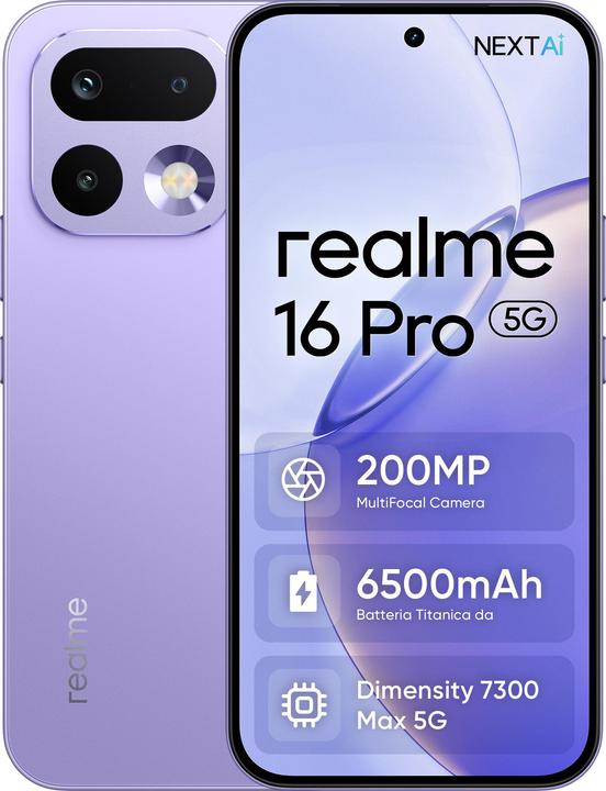 Actual product image realme 16 Pro 8+512GB 6.78" 5G Purple Ita (512 GB, Lilac, Orchid Purple, Purple, 6.78", Dual SIM, 5G)