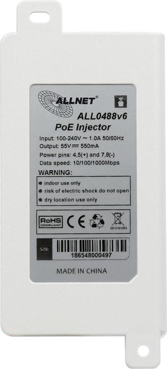Actual product image Allnet PoE Injector Gigabit PoE & PoE+ (15.4W/30W) ALL0488v6 (802.3af (PoE), 802.3at (PoE+), 30 W)