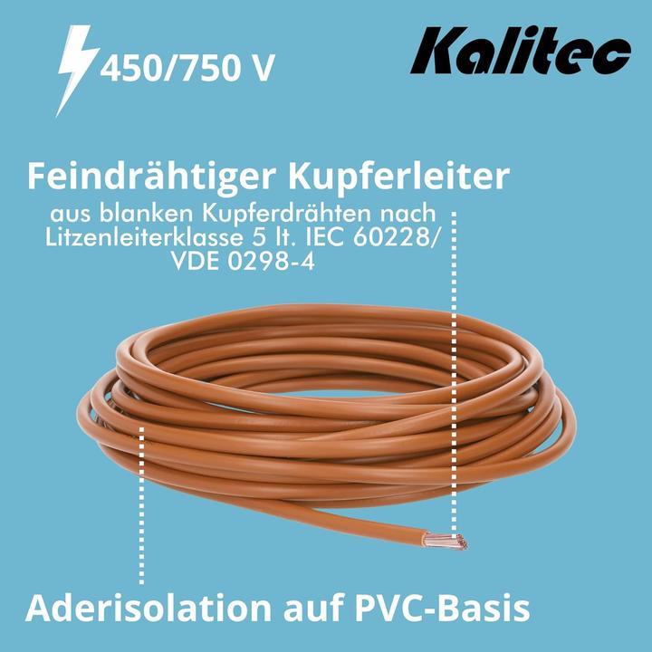 Produktbild Kalitec 10 Meter H07V-K 1,5 mm² braun Verdrahtungsleitung I Aderleitung flexibel I PVC Einzelader I (10 m)