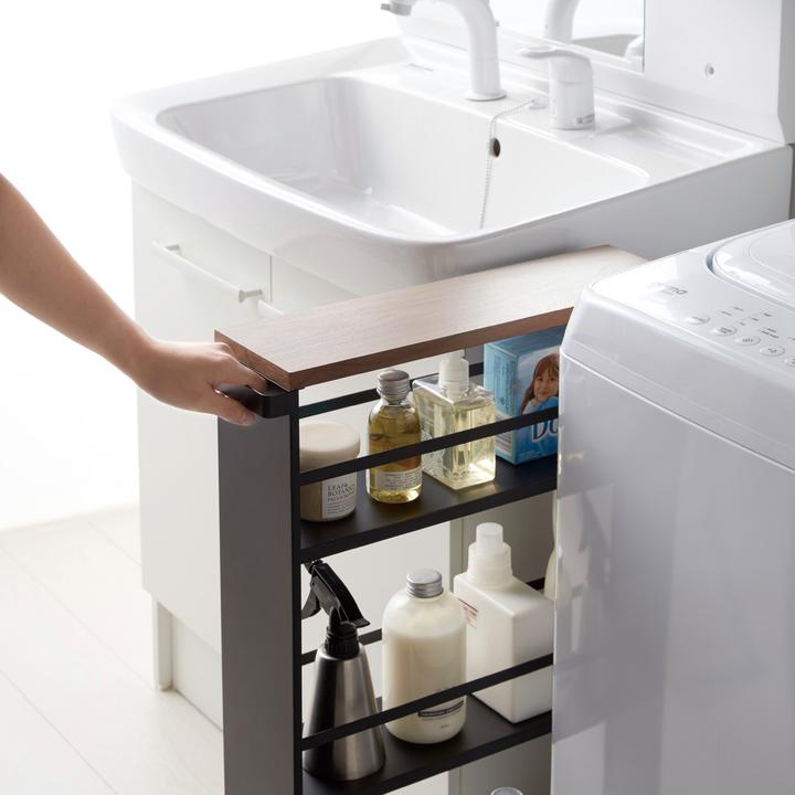 Actual product image Yamazaki Narrow trolley with wooden shelf TOWER