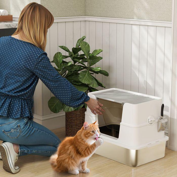 Produktbild Swisshandel24 Katzentoilette, Edelstahl, XL-Innenraum, mit Schaufel, Hellgrau (Katzenklo geschlossen)