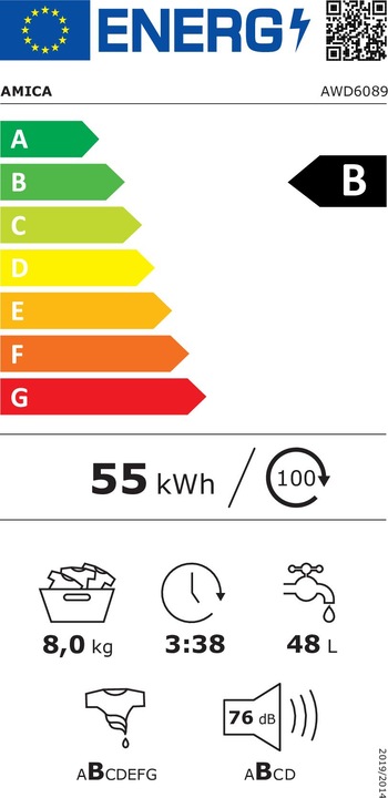 Energy Label Amica AWD6089 - Wasmachine 8 Kg - 1400 t/min - 23 progr. - Optidose (8 kg, Left)