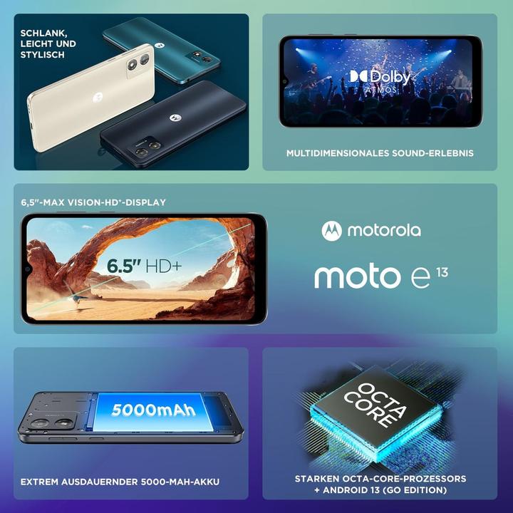 Image du produit Motorola Moto E13 (64 Go, Cosmic black, 6.50", Double SIM, 13 Mpx, 4G)