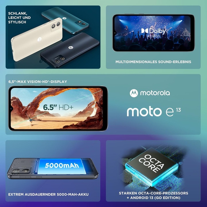 Produktbild Motorola Moto E13 (64 GB, Cosmic Black, 6.50", Dual SIM, 13 Mpx, 4G)