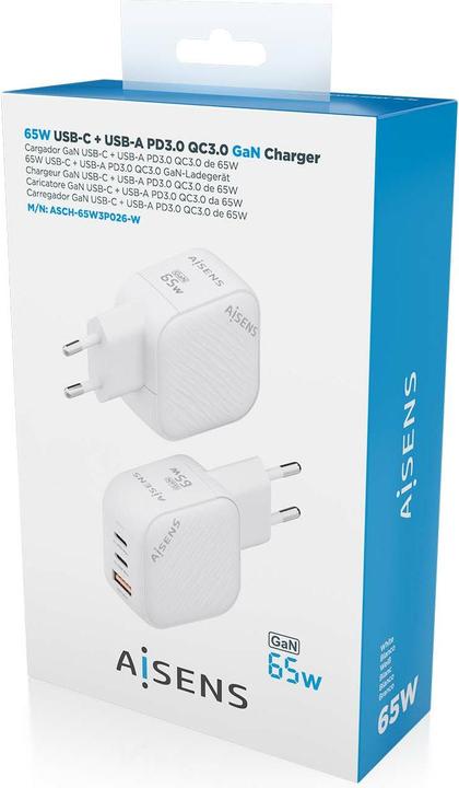 Produktbild Aisens CARGADOR GAN 65W 2XUSB-C PD3.0 QC4.0 1XUSB-A QC3.0 BLANCO (65 W, 3 Ports)