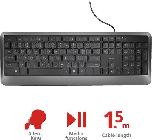 Produktbild Trust Erou Leise Tastatur (QWERTZ, Deutsches Tastaturlayout) Schwarz (DE, Kabelgebunden)