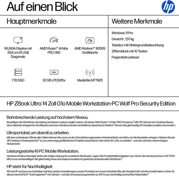Produktbild HP ZBook Ultra G1a (14", 1000 GB, 32 GB, DE, AMD Ryzen AI Max PRO 390)